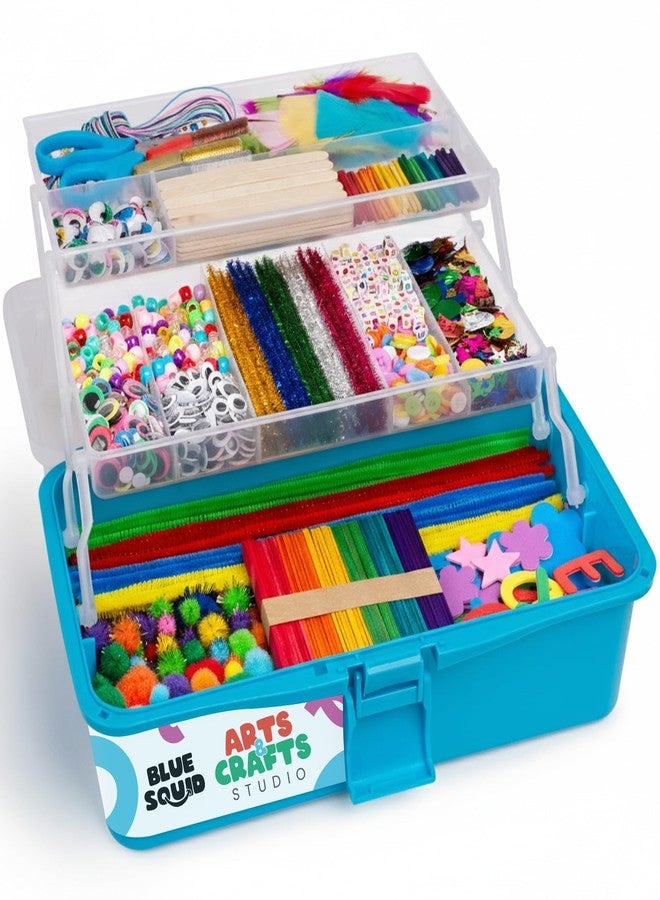 Blue Squid Arts & Crafts Box (Blue)- 2800+ pcs Deluxe Craft Supplies Box, 2 Drawers, 18 Compartments, Sturdy Handle - Art Crafting Kit Birthday Gifts for Kids, School Supply for Ages 4-12 - Image 1